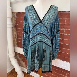 Free People Teal & Black Printed Mini Dress